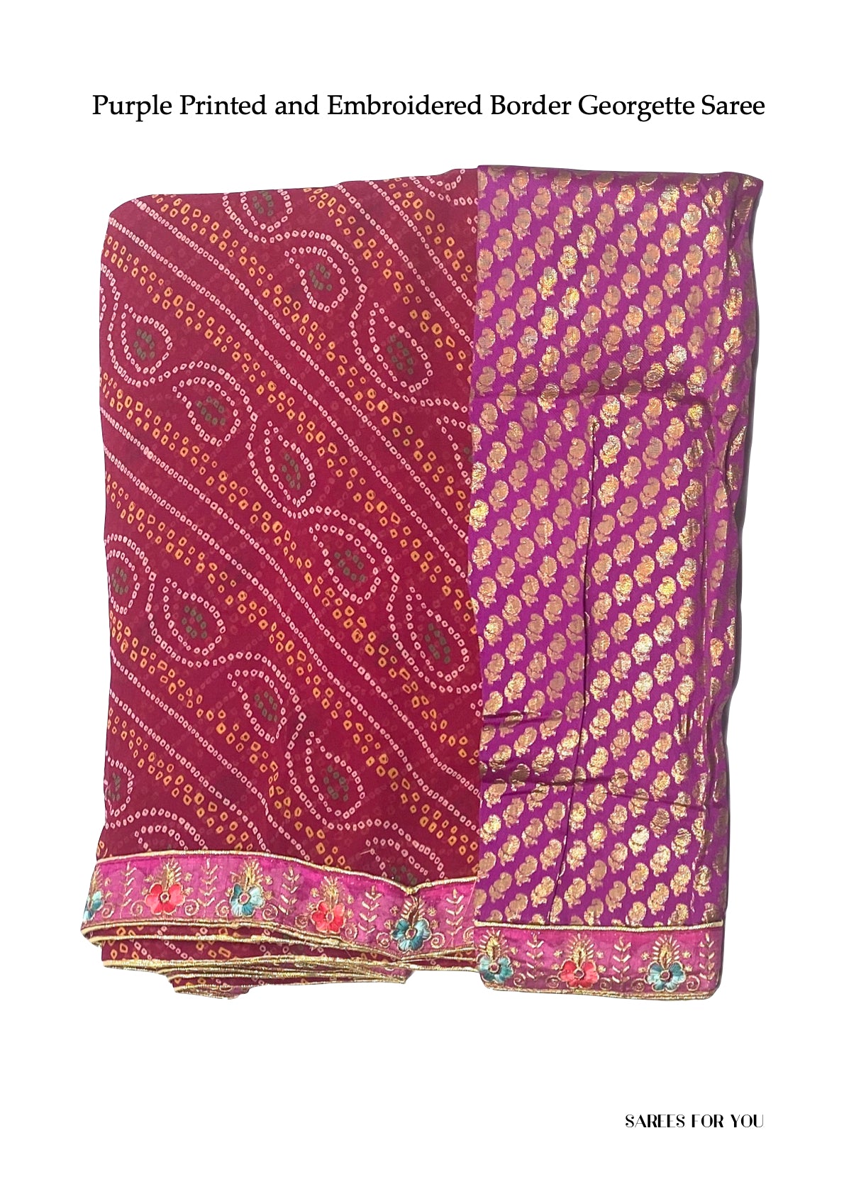 0094 Printed and Embroidered Border Georgette Saree - Purple