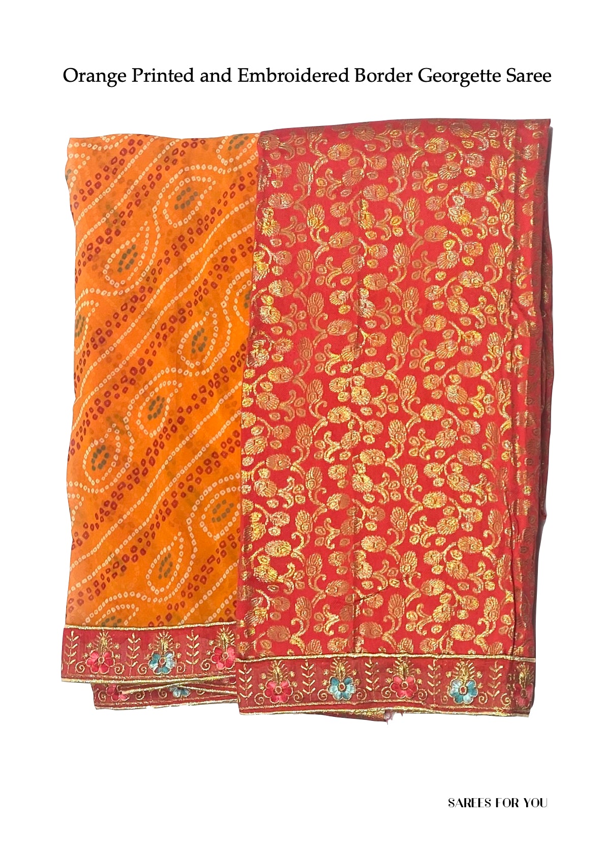 0095 Printed and Embroidered Border Georgette Saree - Orange