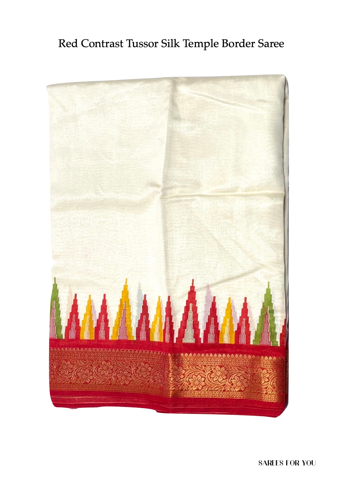 0002 Contrast Tussor Silk Temple Border Saree - Red