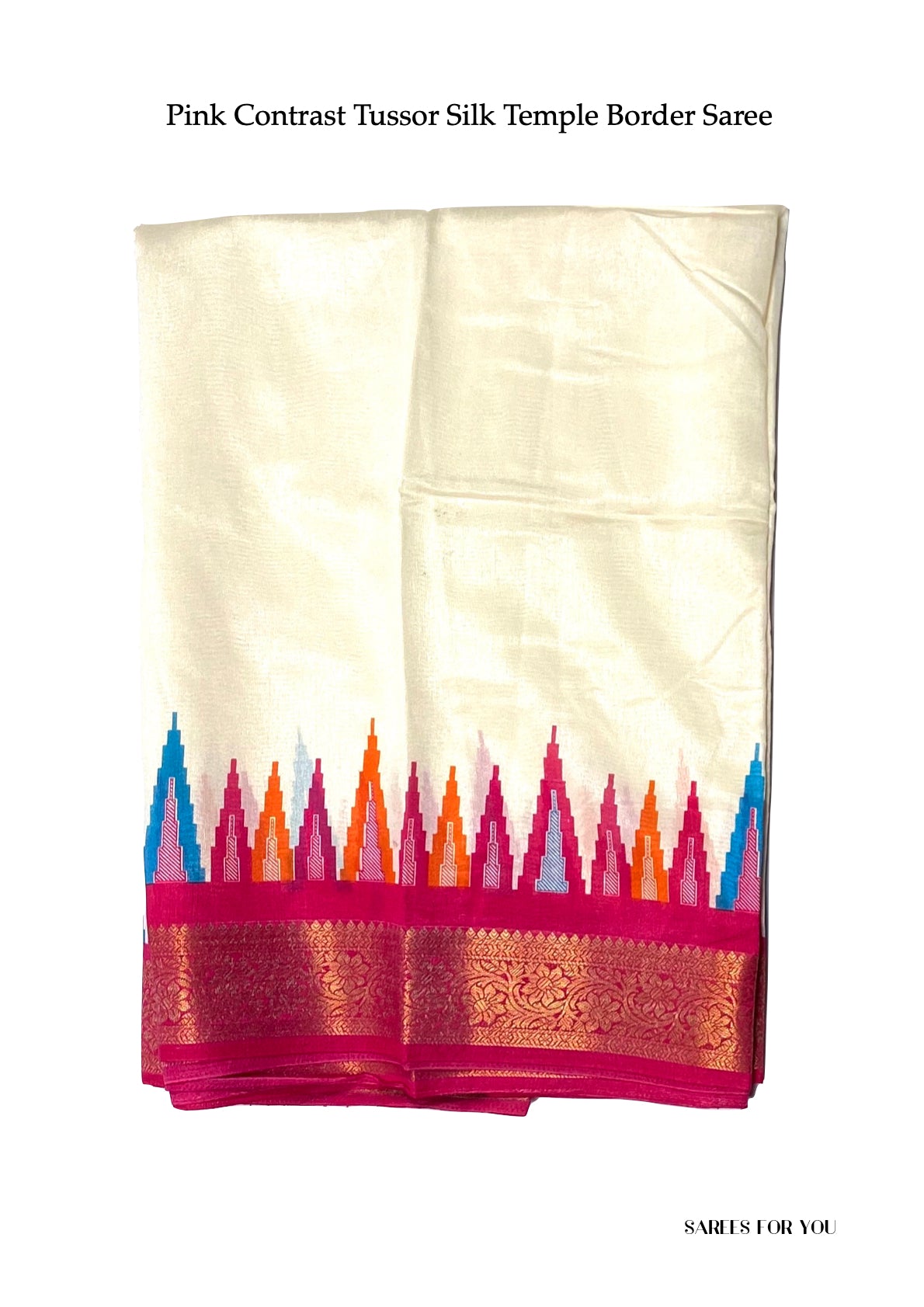 0111 Contrast Tussor Silk Temple Border Saree - Pink