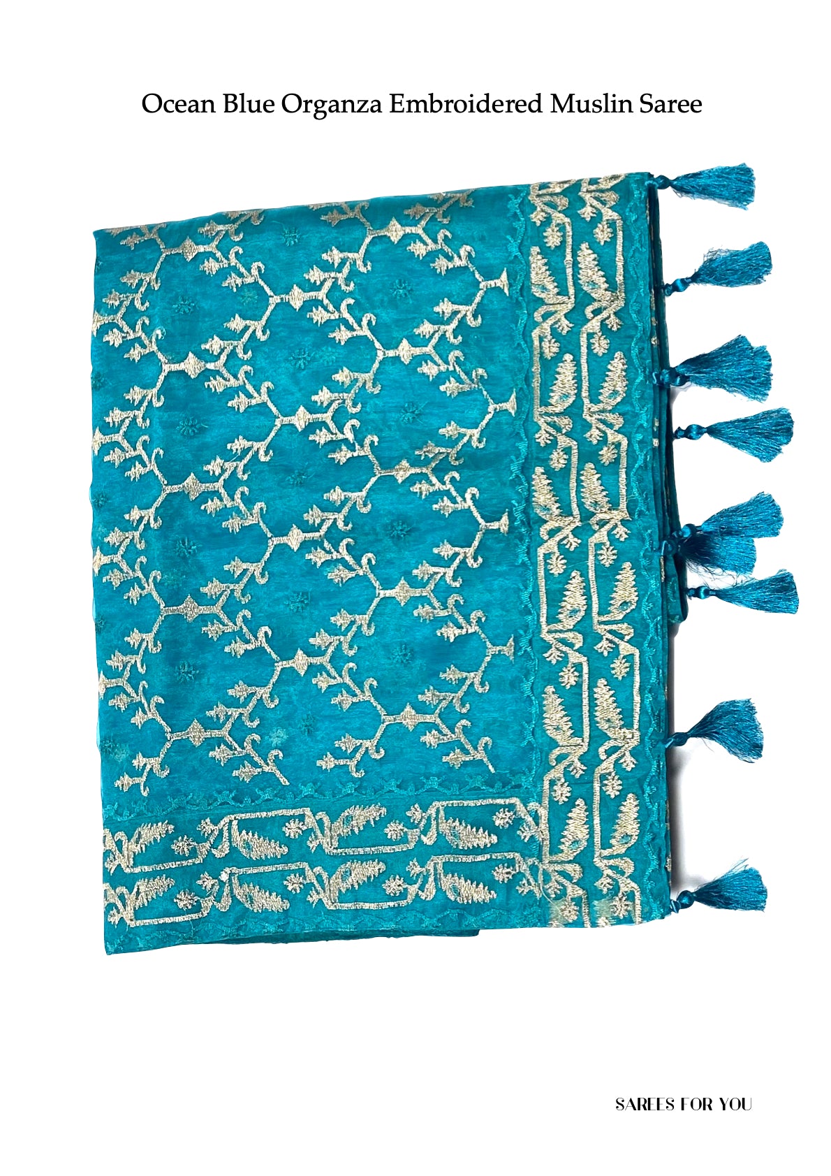 0154 Organza Embroidered Muslin Saree - Ocean Blue