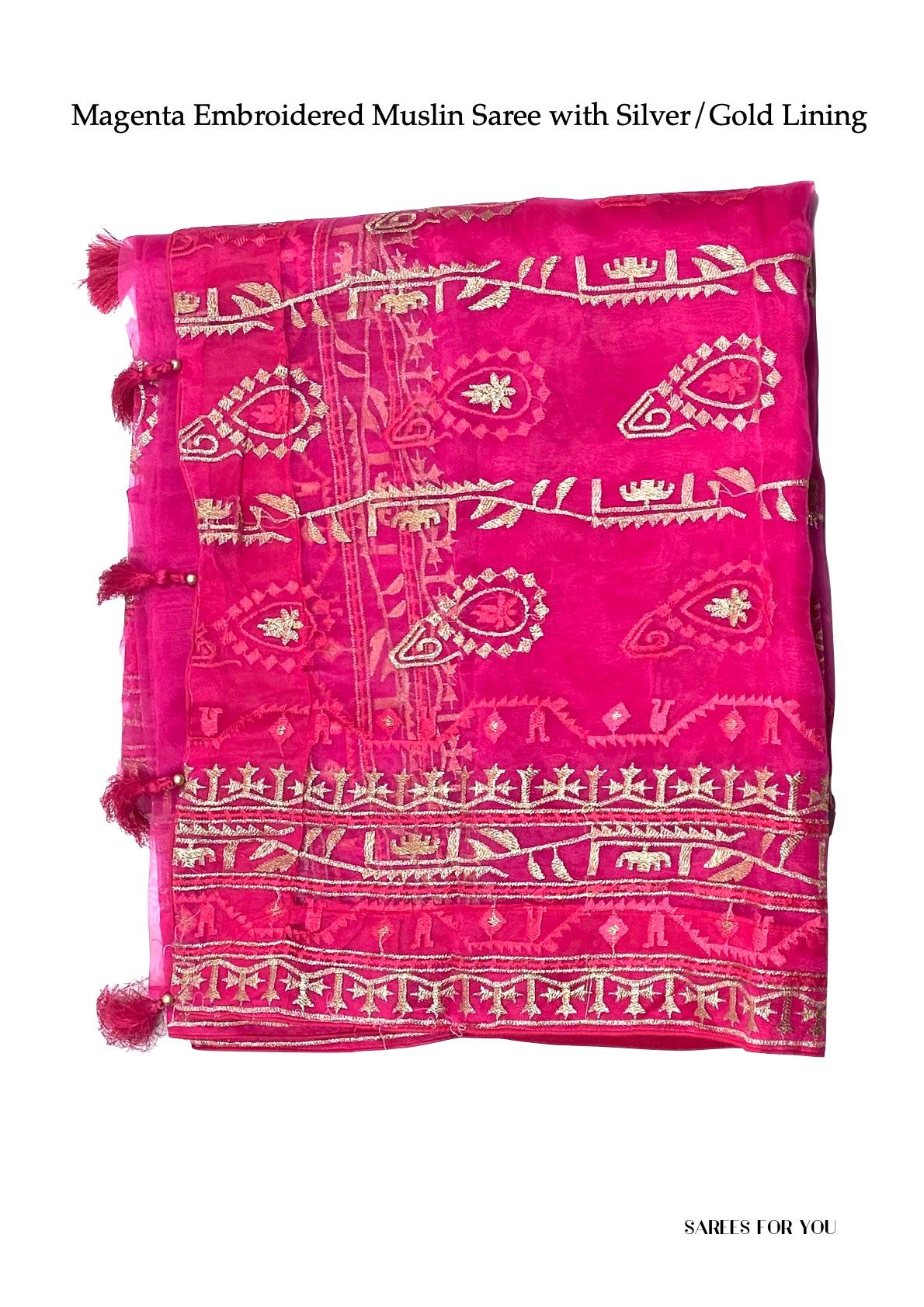 0164 Embroidered Muslin Saree with Silver/Gold Lining - Magenta