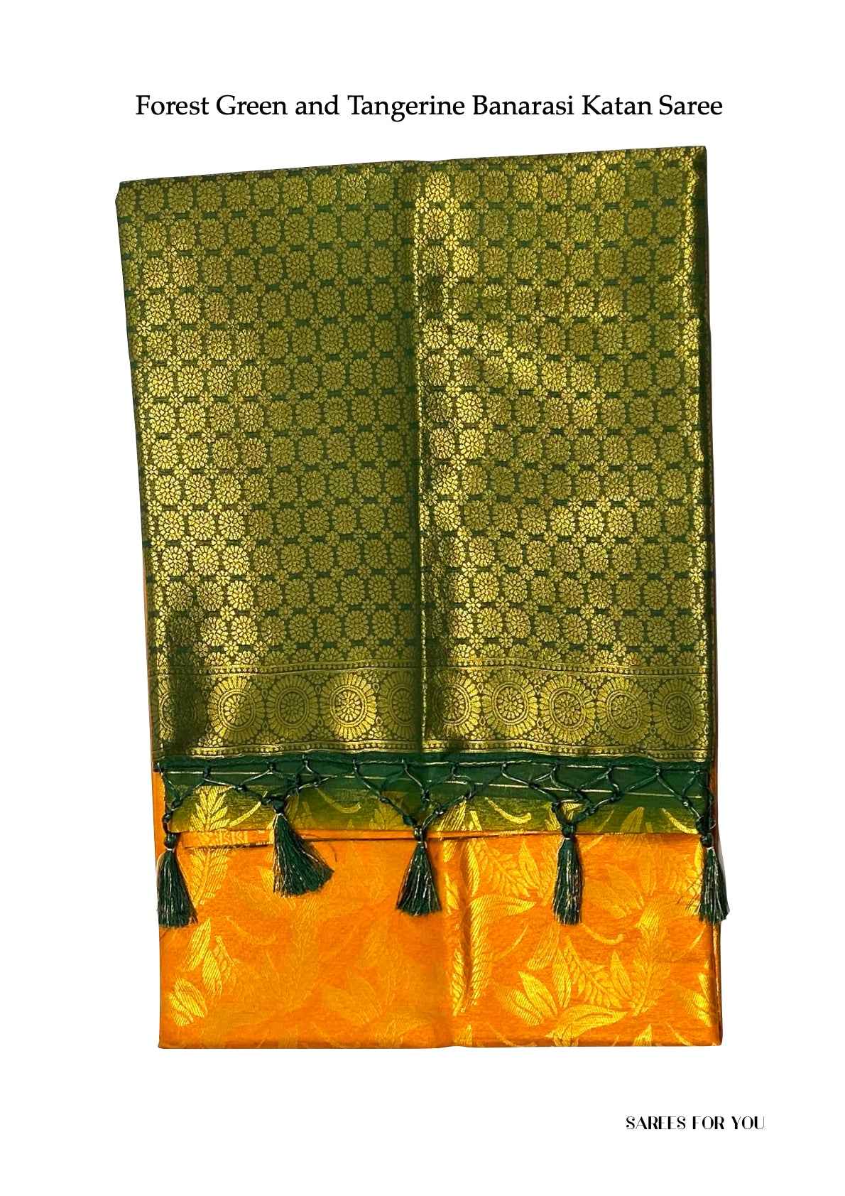 0053 Banarasi Katan Saree - Forest Green and Tangerine