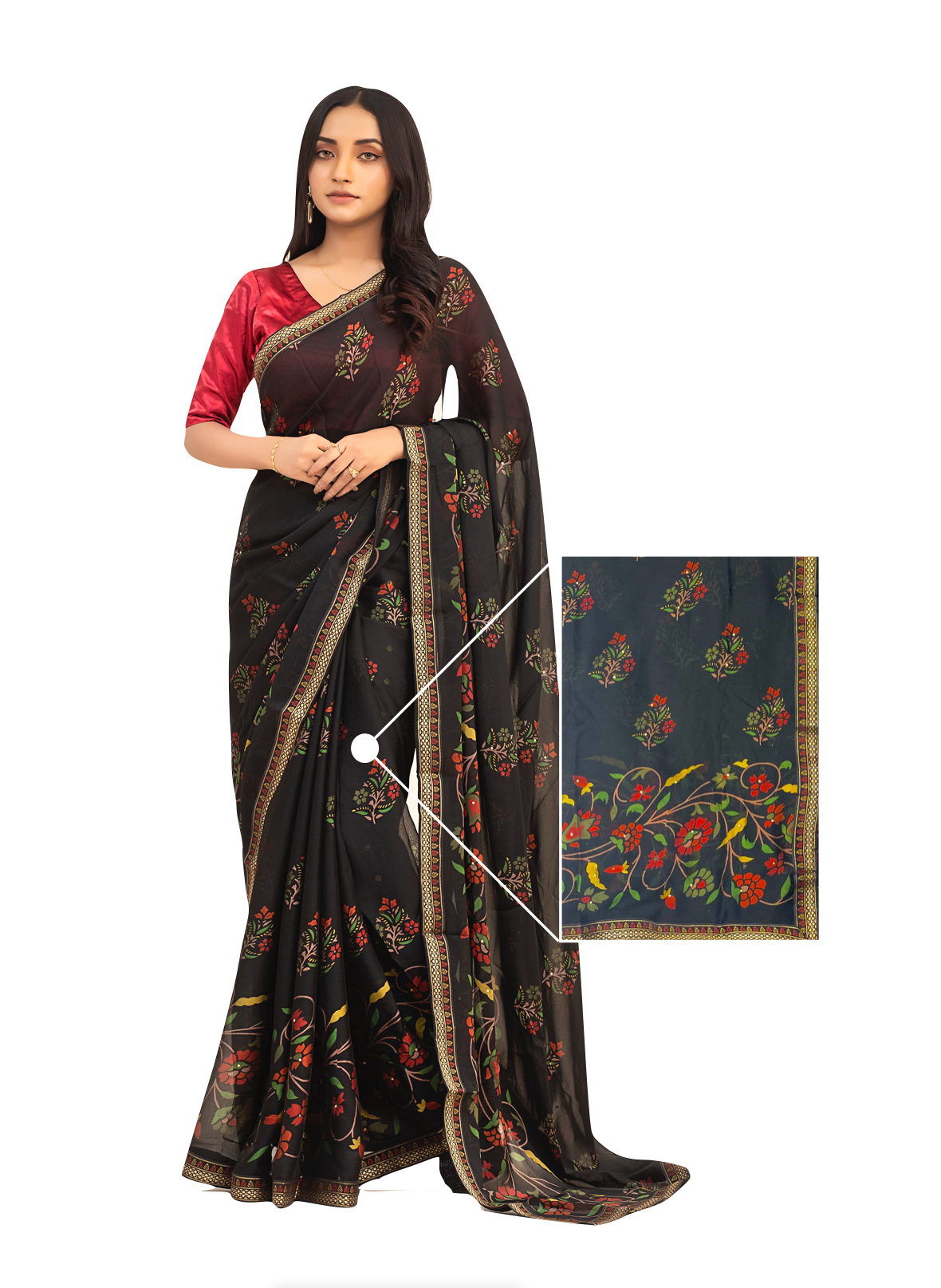 0025 Floral Chiffon Georgette Saree - Black