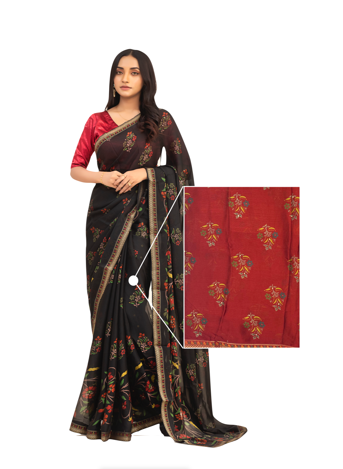 0028 Floral Chiffon Georgette Saree - Deep Red