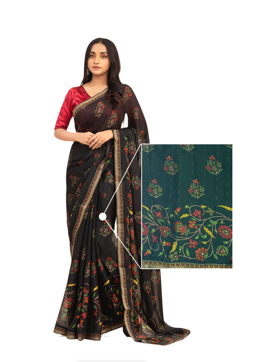 0032 Floral Chiffon Georgette Saree - Forest Green