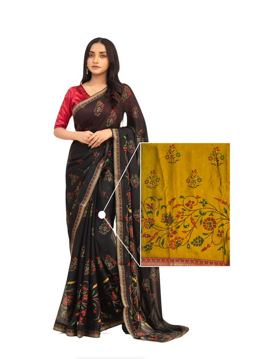 0031 Floral Chiffon Georgette Saree - Mustard