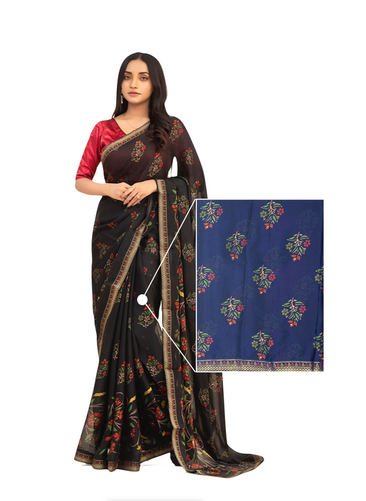 0030 Floral Chiffon Georgette Saree - Navy