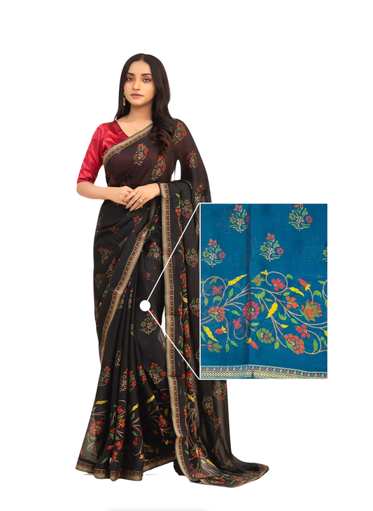 0027 Floral Chiffon Georgette Saree - Ocean Blue