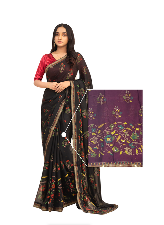 0029 Floral Chiffon Georgette Saree - Purple